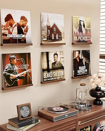 Vinyl Record Wall Shelf 6-Pack, Floating LP Album Holder in Solid Wood
