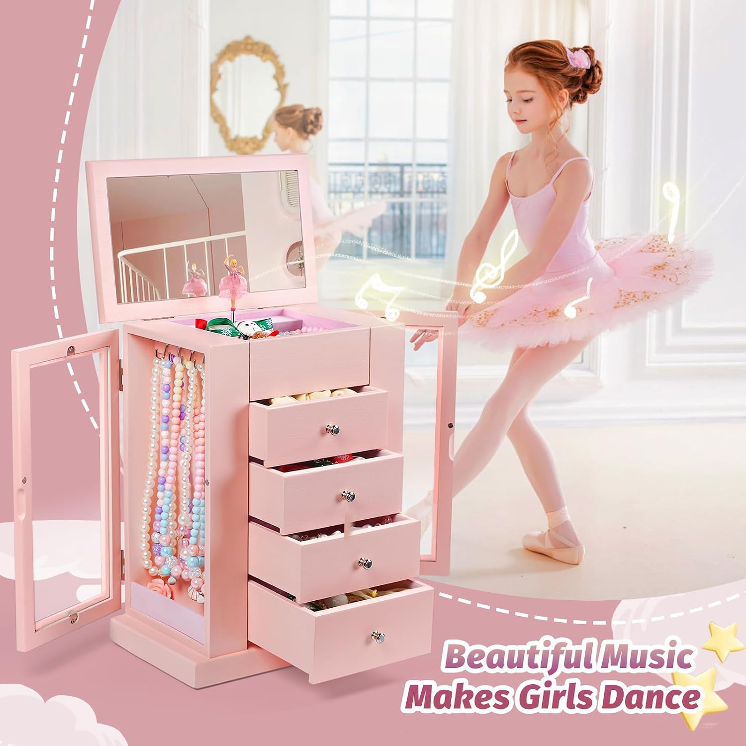 5-Layer Musical Ballerina Jewelry Box for Girls, Wooden Kids Organizer - Image 4