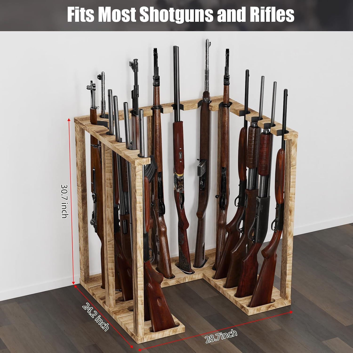 Corner Gun Rack for 15 Rifles, Heavy Wood Shotgun Stand, Carbonized Black - Image 2