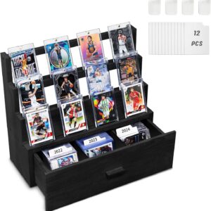 3-Tier Wooden Trading Card Display Case with Drawer & Dividers