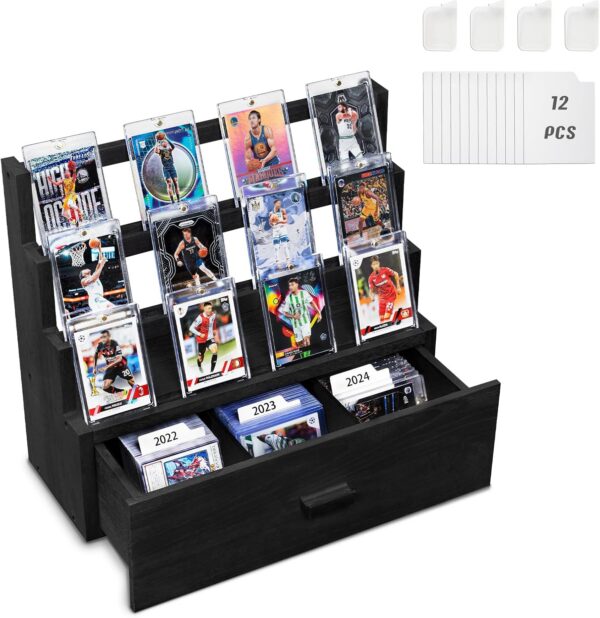 3-Tier Wooden Trading Card Display Case with Drawer & Dividers