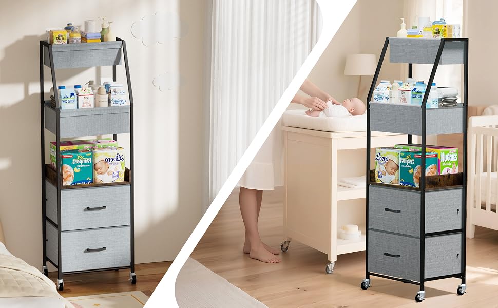 5-Tier Rolling Diaper Caddy Cart with Drawers for Nursery