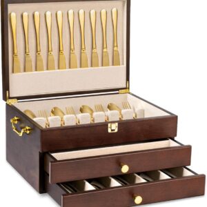 Wooden Silverware Storage Box with Drawer, Linen-Lined Flatware Chest