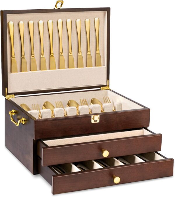 Wooden Silverware Storage Box with Drawer, Linen-Lined Flatware Chest