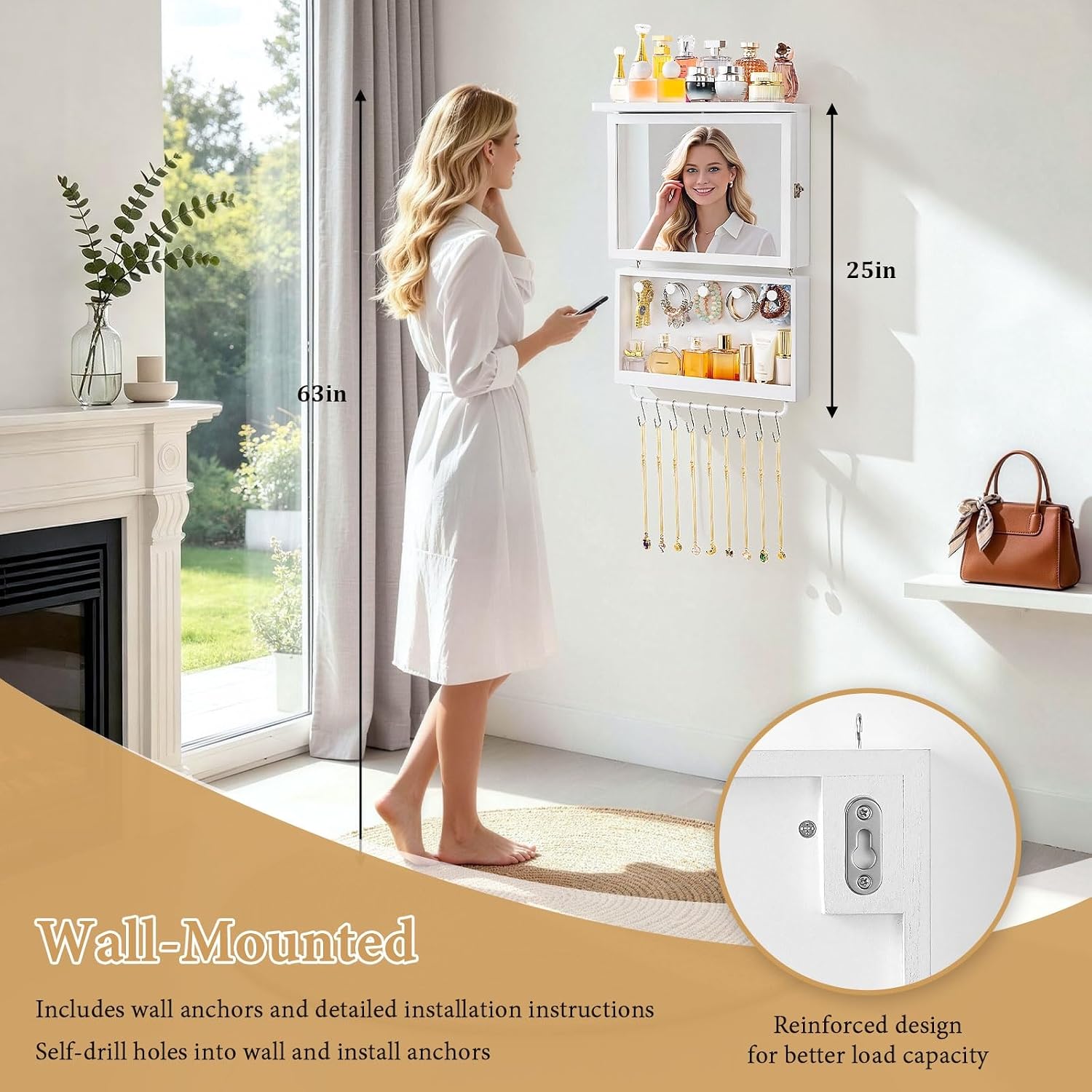 2-in-1 Wall-Mounted Jewelry Cabinet with Mirror, Velvet-Lined Organizer - Image 4