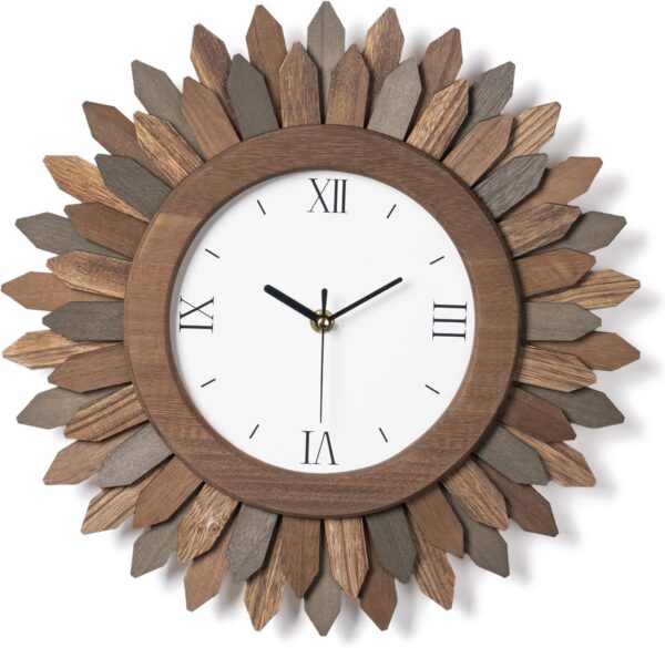 14-Inch Roman Numeral Sunburst Wall Clock, Silent Boho Wood