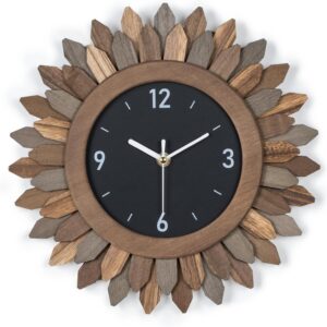 12-Inch Boho Sunburst Wall Clock, Silent Rustic Wood Battery Operated