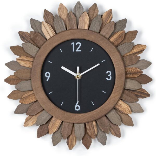 12-Inch Boho Sunburst Wall Clock, Silent Rustic Wood Battery Operated