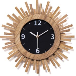 Rustic Brown Boho Wall Clock, 12-Inch Silent Quartz Sunburst