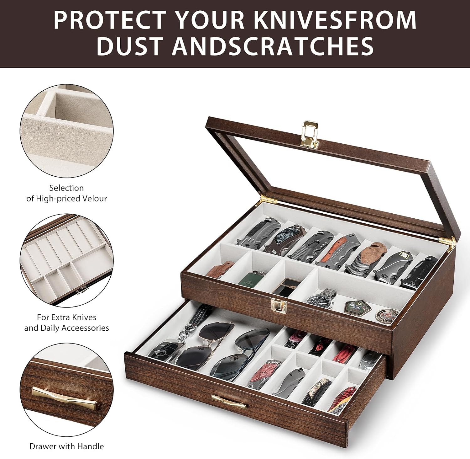 Glass-Top Pocket Knife Display Case, Wooden Collector Box for 24 Folders - Image 4