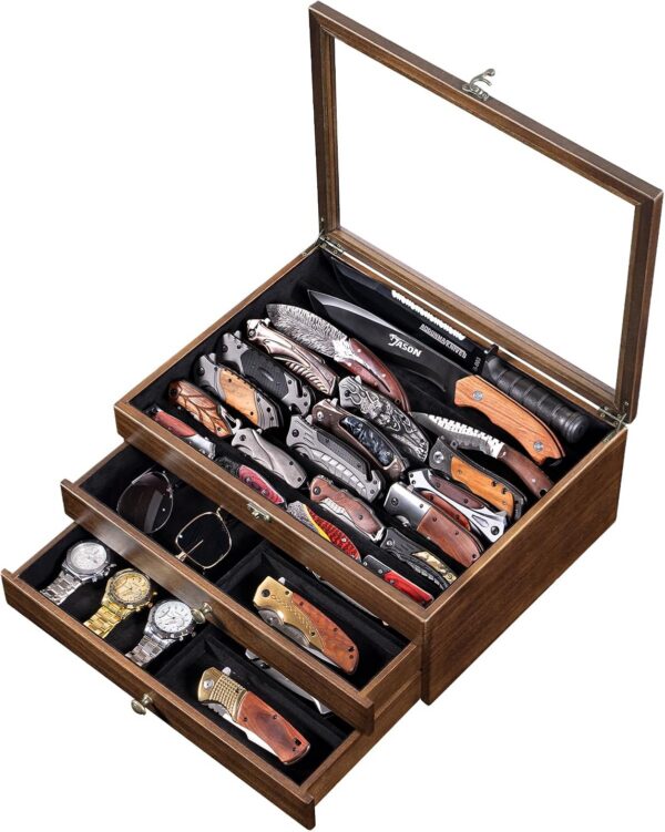 3-Tier Large Knife Display Case with Transparent Lid & Drawer, Walnut