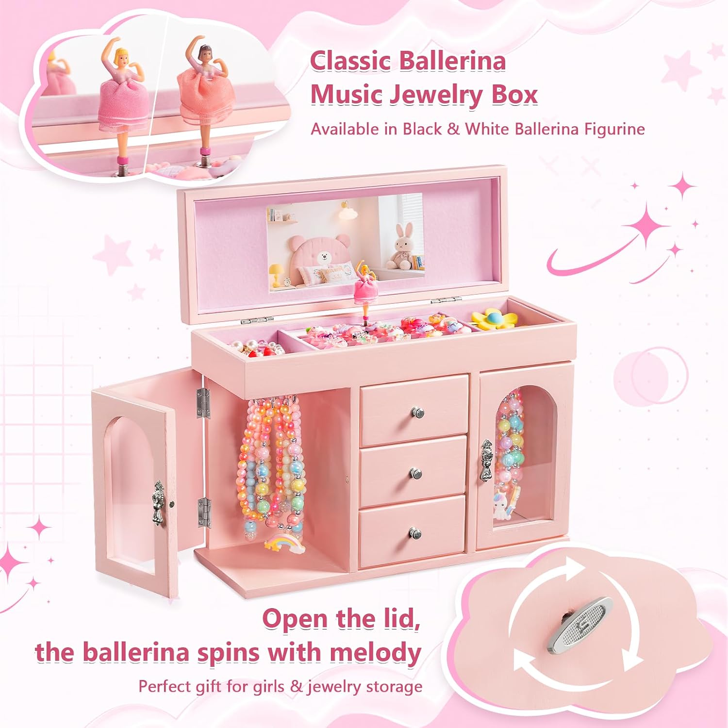 Pink Musical Ballerina Jewelry Box for Girls, 5-Layer with Mirror & Side Doors - Image 5