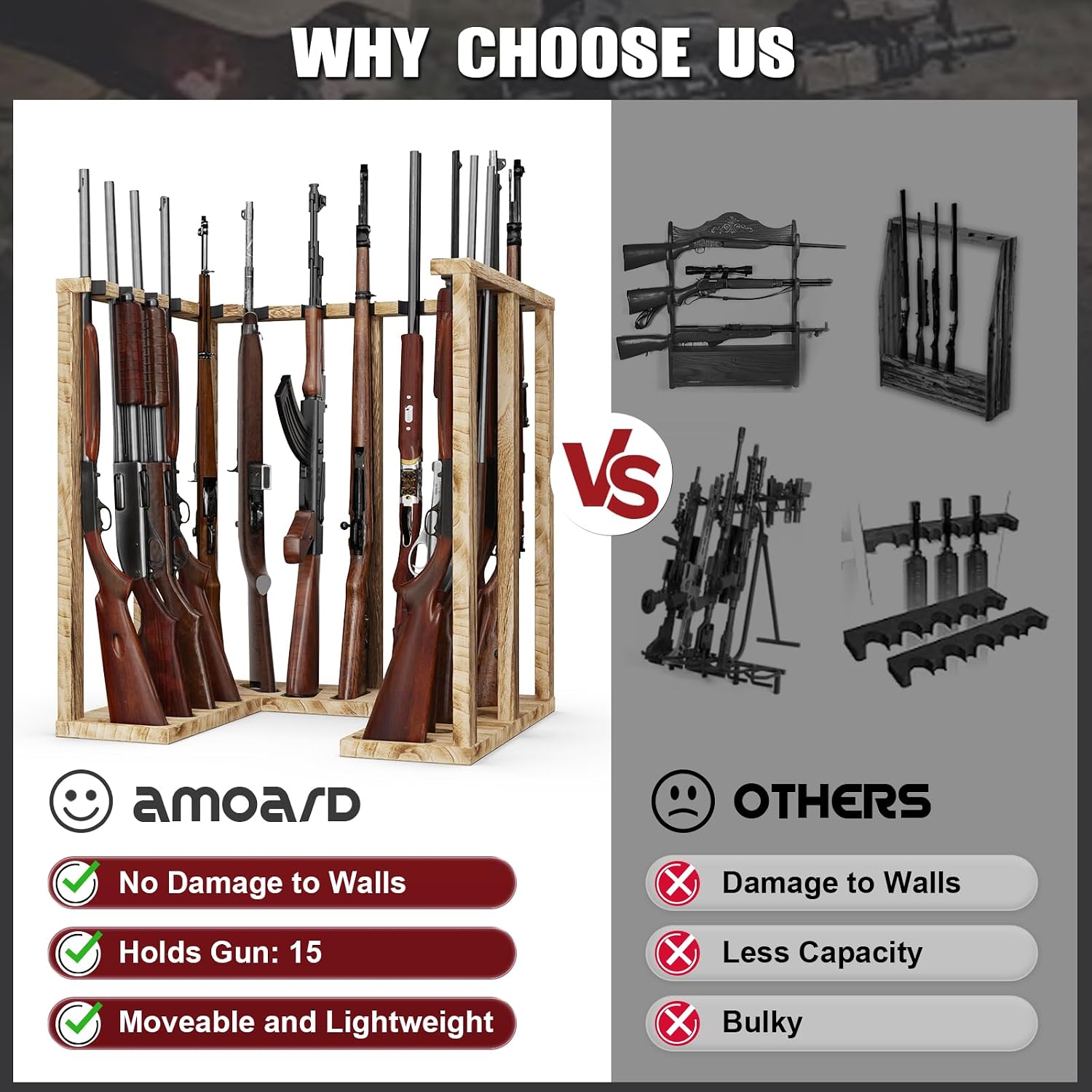 Corner Gun Rack for 15 Rifles, Heavy Wood Shotgun Stand, Carbonized Black - Image 4