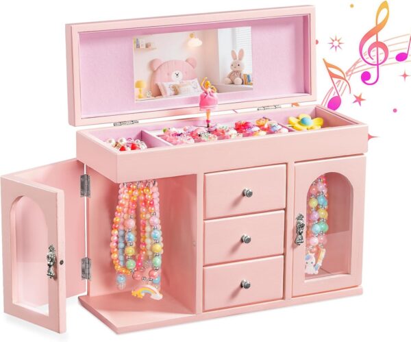 Pink Musical Ballerina Jewelry Box for Girls, 5-Layer with Mirror & Side Doors