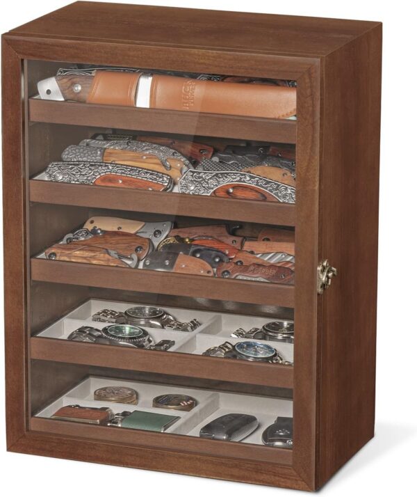5-Tier Walnut Pocket Knife Display Cabinet
