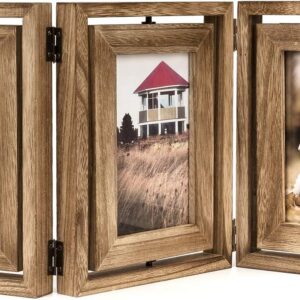 Hinged Triple Photo Frame for 3 Pictures, Rustic Wood Folding Collage 4x6 or 5x7