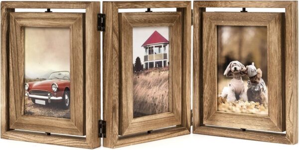 Hinged Triple Photo Frame for 3 Pictures, Rustic Wood Folding Collage 4x6 or 5x7