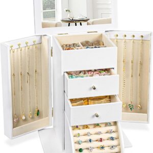Faux Leather Jewelry Box with Mirror, 4-Tier Velvet-Lined Organizer
