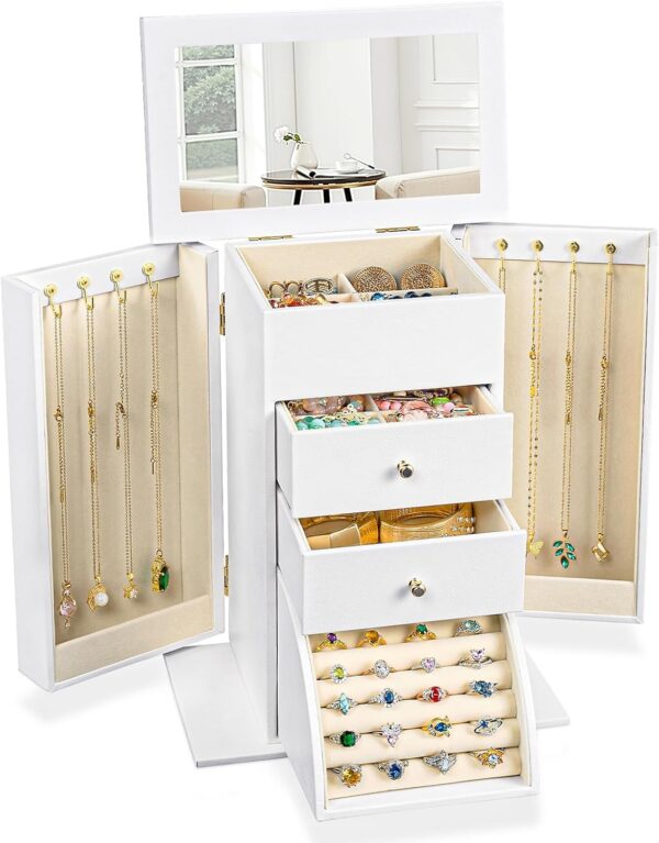 Faux Leather Jewelry Box with Mirror, 4-Tier Velvet-Lined Organizer