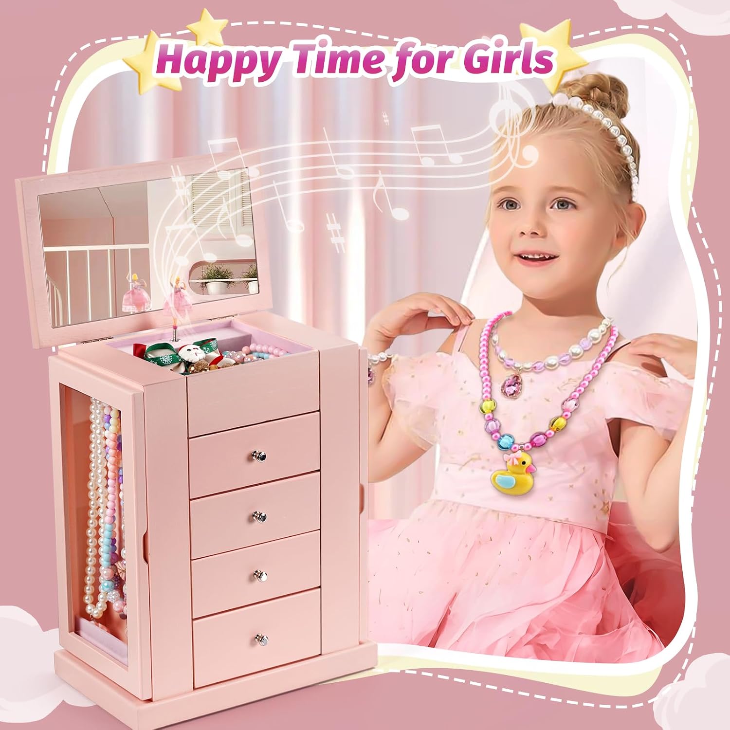 5-Layer Musical Ballerina Jewelry Box for Girls, Wooden Kids Organizer - Image 3