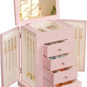 5-Layer Leather Jewelry Box with Mirror & Drawers for Women
