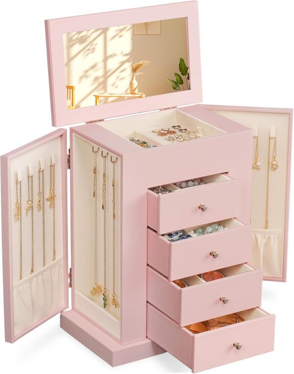 5-Layer Leather Jewelry Box with Mirror & Drawers for Women