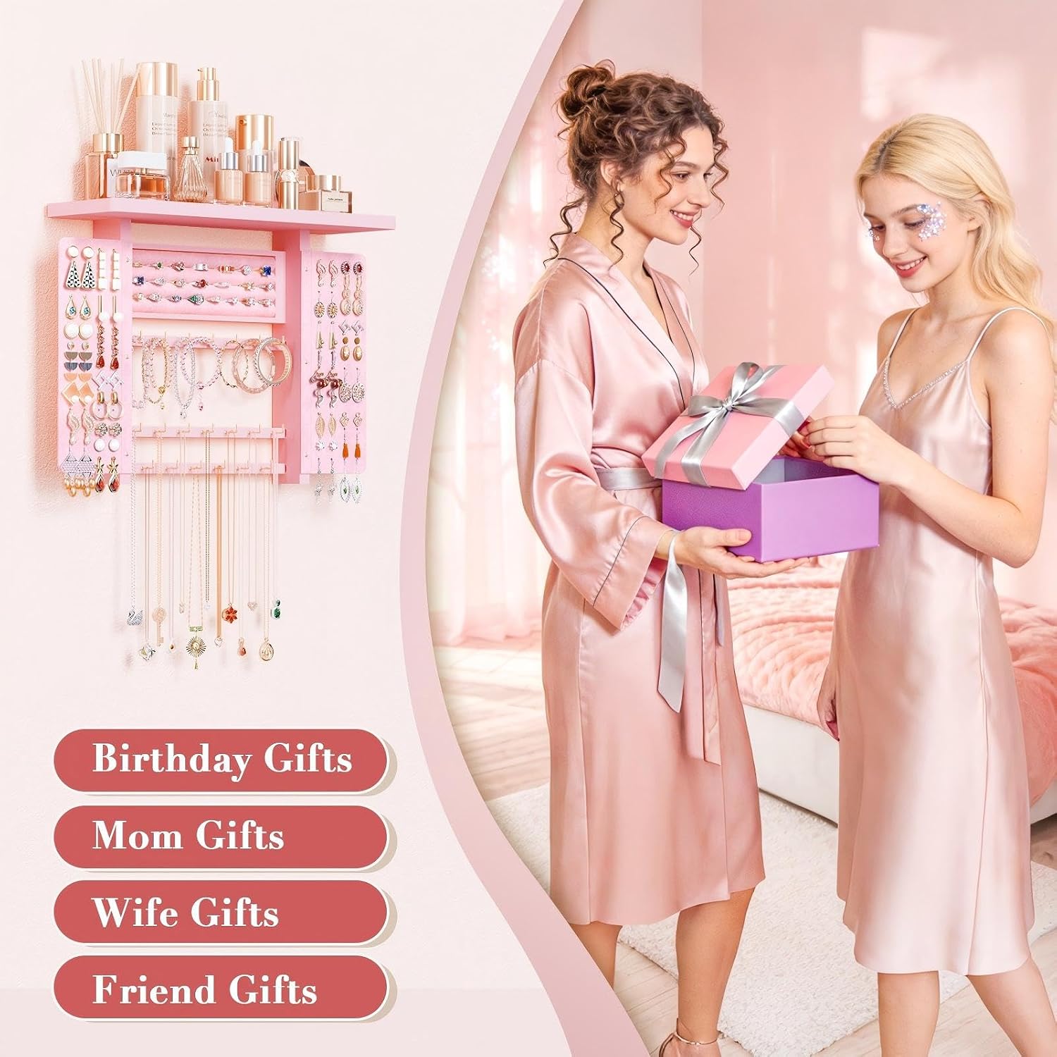 5-in-1 Pink Hanging Jewelry Organizer, Wall Necklace Holder - Image 5