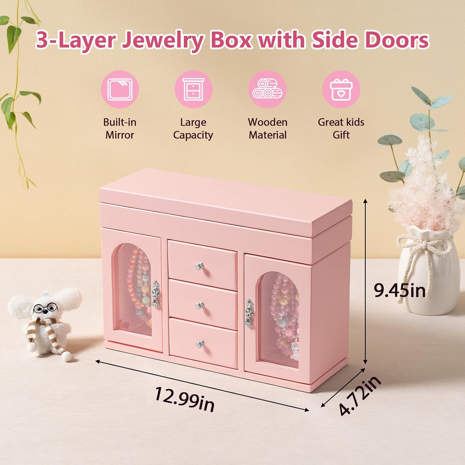 Pink Musical Ballerina Jewelry Box for Girls, 5-Layer with Mirror & Side Doors - Image 2