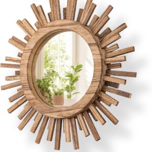 Round Boho Sunburst Mirror, 12, 18 or 24 Inch Natural Wood Starburst Wall Decor