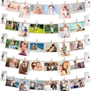 Hanging Photo Display with 5 Strings and 30 Clips, 35x35 Wood Wall Decor