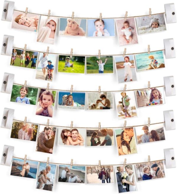 Hanging Photo Display with 5 Strings and 30 Clips, 35x35 Wood Wall Decor