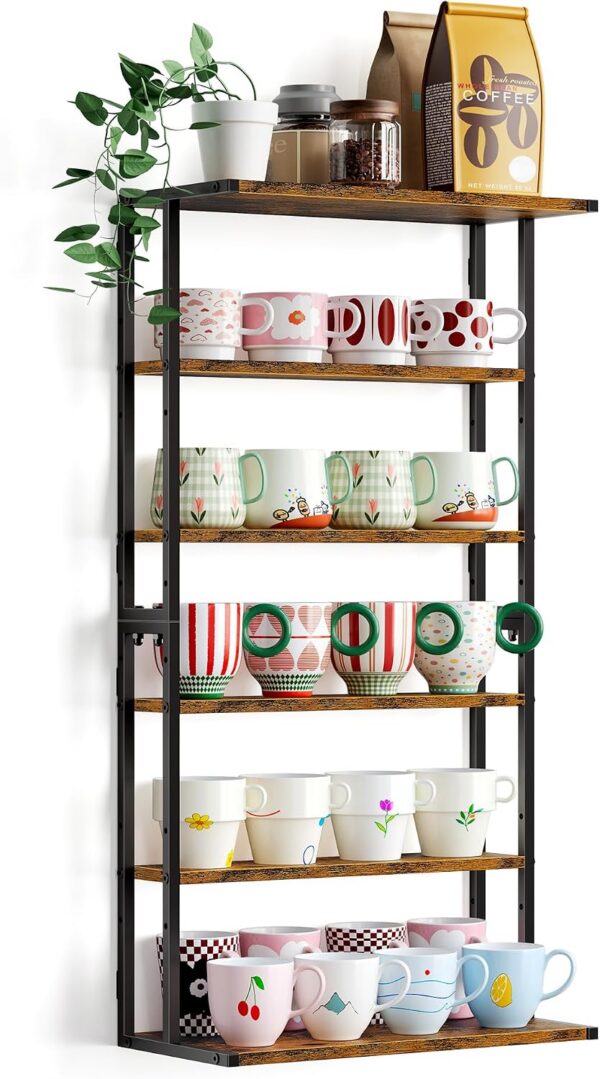 6-Tier Wall-Mounted Coffee Mug Holder, 2-in-1 Rustic Cup Rack