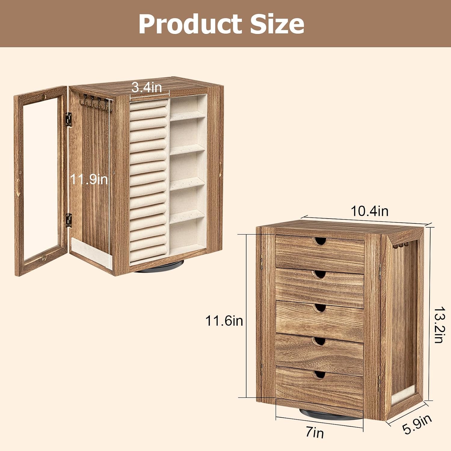 360° Rotating Wooden Jewelry Box with 5 Drawers & Glass Doors - Image 3