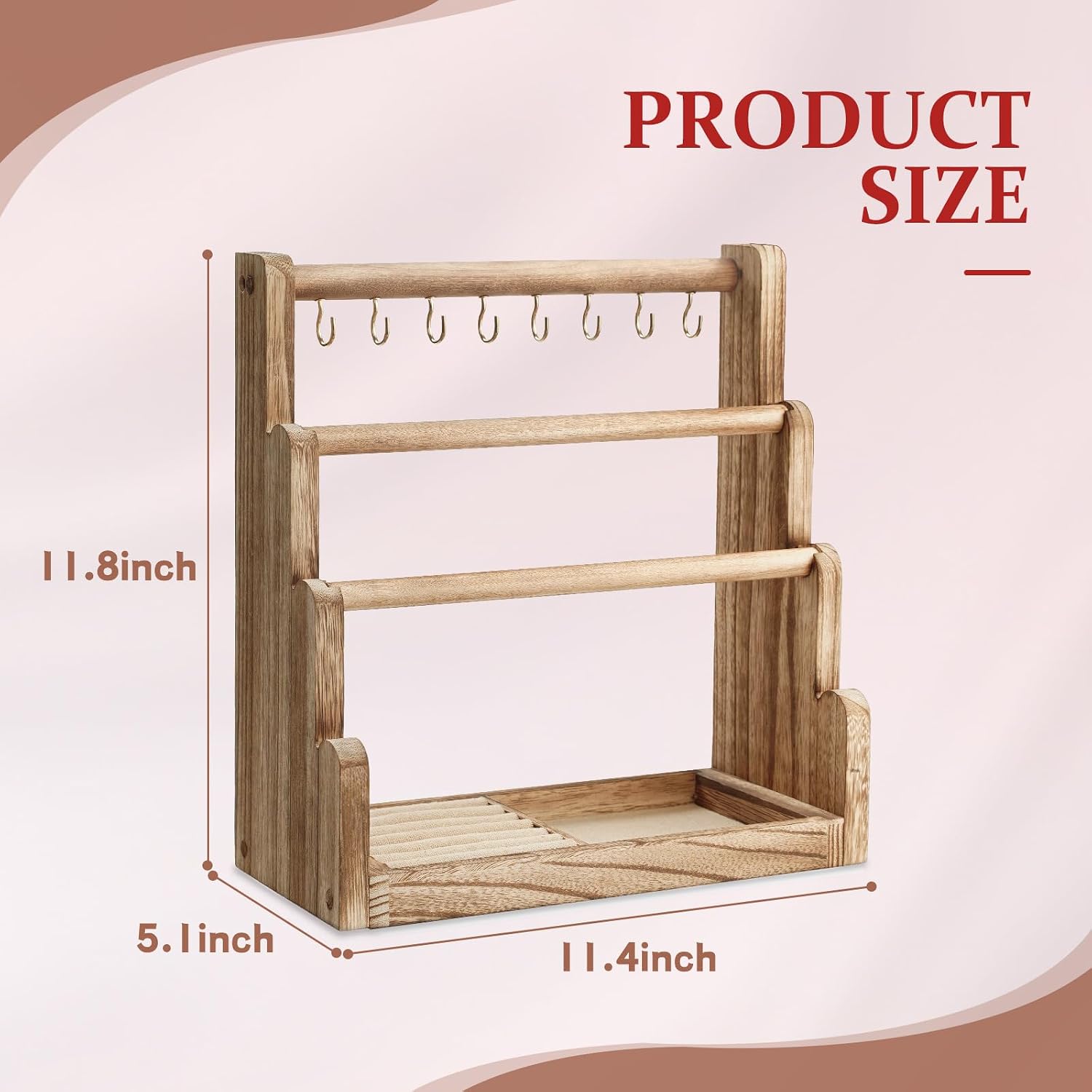 4-Tier Wood Bracelet Stand with Necklace Holder, Rustic Jewelry Tower - Image 2