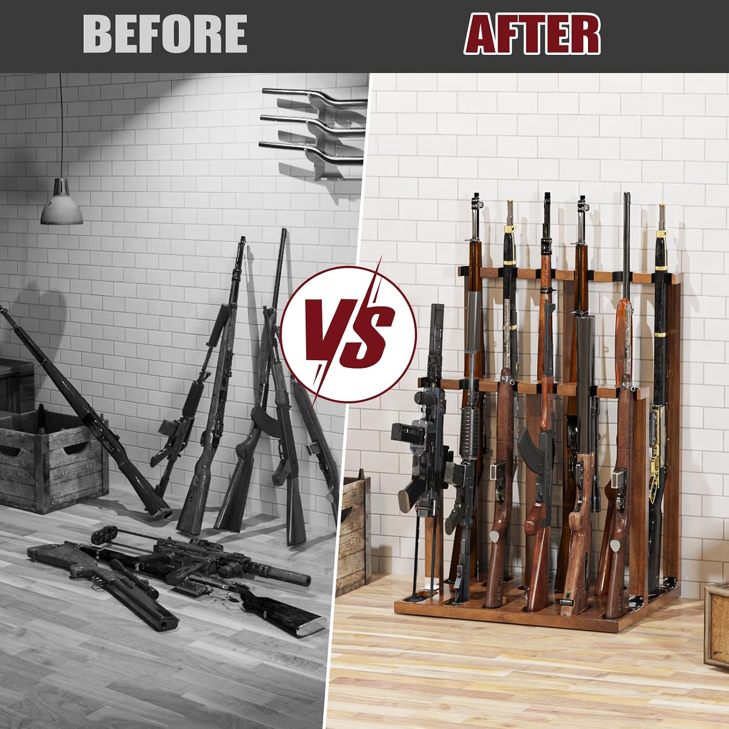Freestanding Wooden Gun Rack, Heavy-Duty Holds 12 Rifles & Shotguns - Image 7