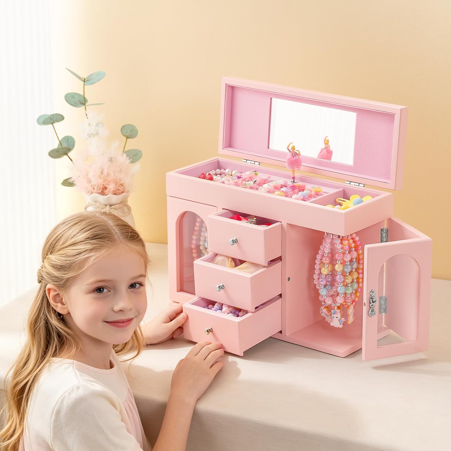 Pink Musical Ballerina Jewelry Box for Girls, 5-Layer with Mirror & Side Doors - Image 4