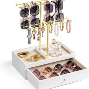 2-Tier Sunglasses Display Rack with Drawer, Gold Eyewear & Jewelry Stand