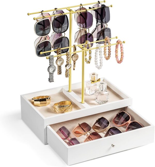2-Tier Sunglasses Display Rack with Drawer, Gold Eyewear & Jewelry Stand