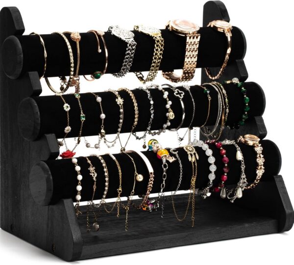 Triple Bracelet Holder Bar, Wooden Bangle & Watch Display Stand