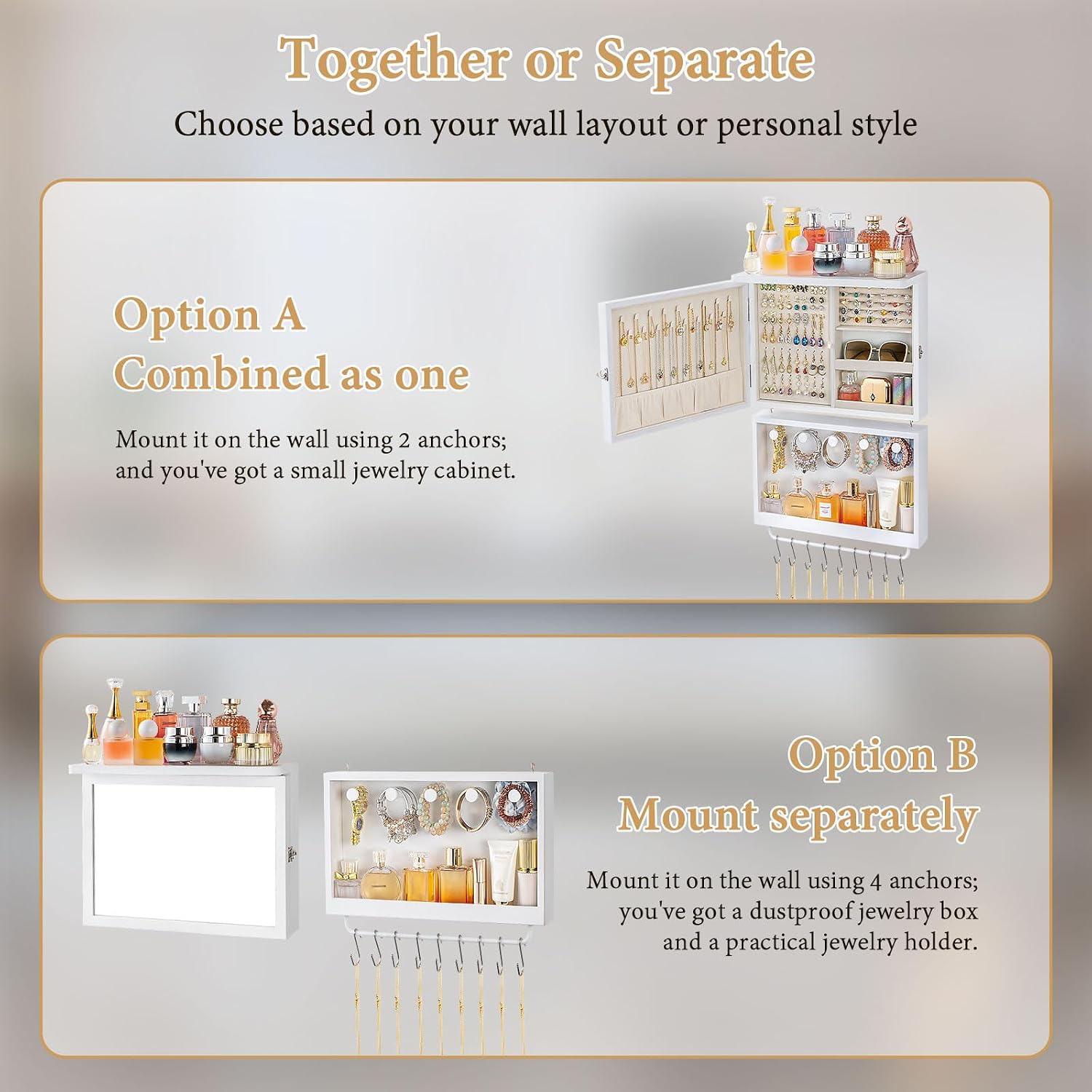 2-in-1 Wall-Mounted Jewelry Cabinet with Mirror, Velvet-Lined Organizer - Image 5