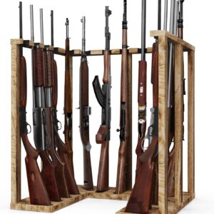 Corner Gun Rack for 15 Rifles, Heavy Wood Shotgun Stand, Carbonized Black