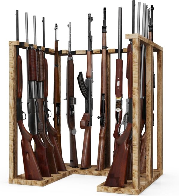 Corner Gun Rack for 15 Rifles, Heavy Wood Shotgun Stand, Carbonized Black