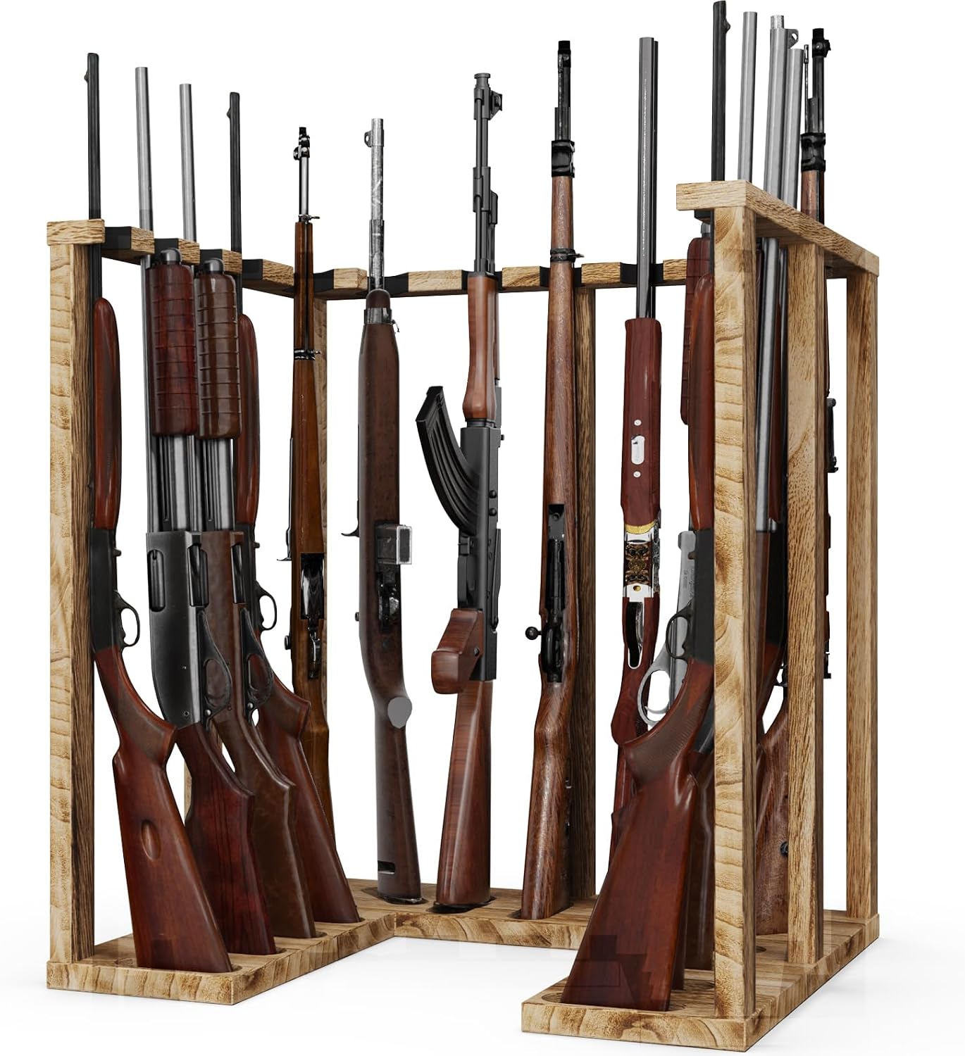 Corner Gun Rack for 15 Rifles, Heavy Wood Shotgun Stand, Carbonized Black