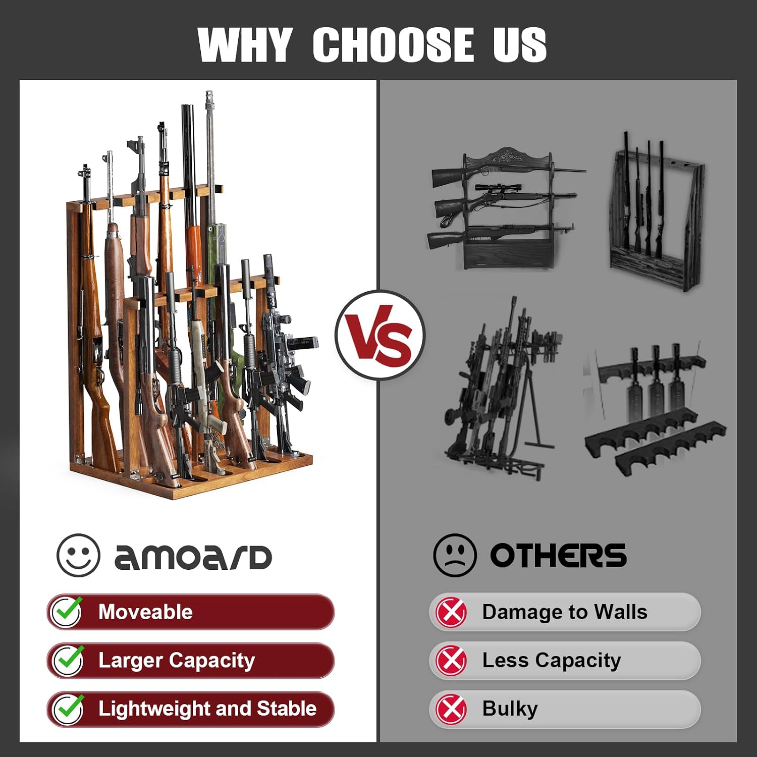 Freestanding Wooden Gun Rack, Heavy-Duty Holds 12 Rifles & Shotguns - Image 4