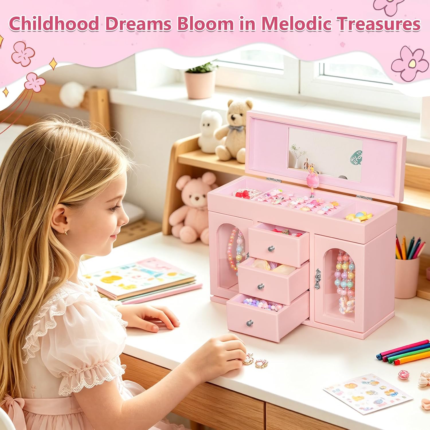Pink Musical Ballerina Jewelry Box for Girls, 5-Layer with Mirror & Side Doors - Image 7