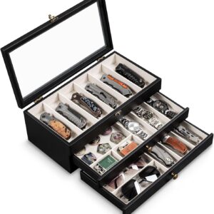 3-Layer Glass-Lid Pocket Knife Case with 15 Slots & Drawer