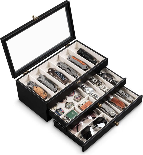 3-Layer Glass-Lid Pocket Knife Case with 15 Slots & Drawer
