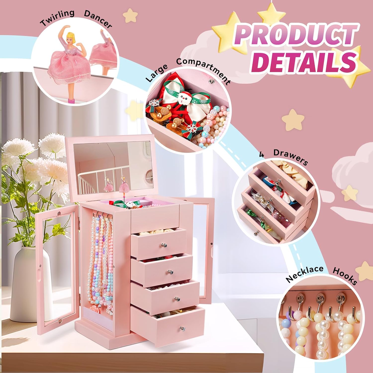 5-Layer Musical Ballerina Jewelry Box for Girls, Wooden Kids Organizer - Image 5