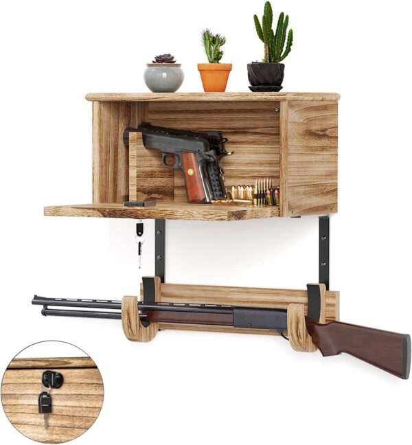 Lockable Horizontal Hardwood Gun Rack, Wall-Mounted Shotgun & Rifle Hanger