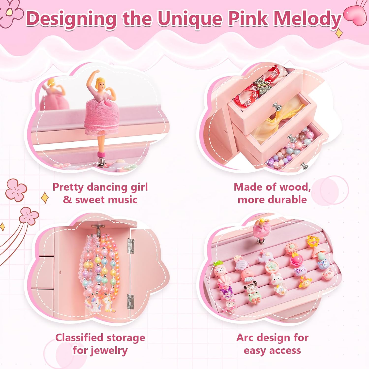 Pink Musical Ballerina Jewelry Box for Girls, 5-Layer with Mirror & Side Doors - Image 3